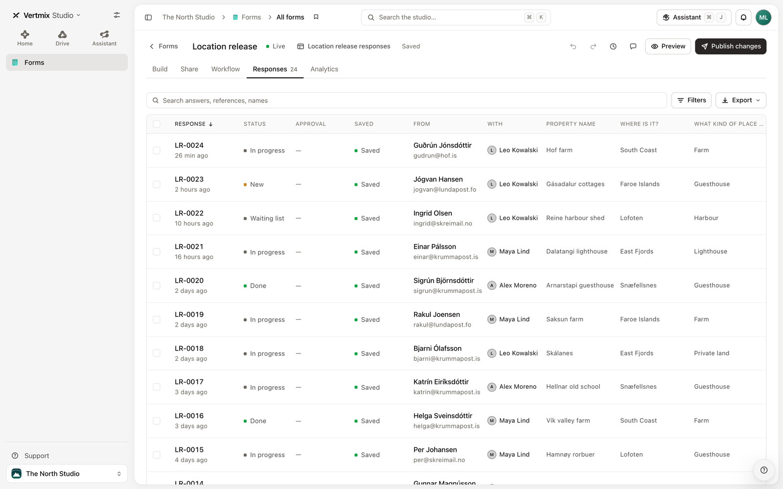 Forms in Vertmix Studio, with sample data